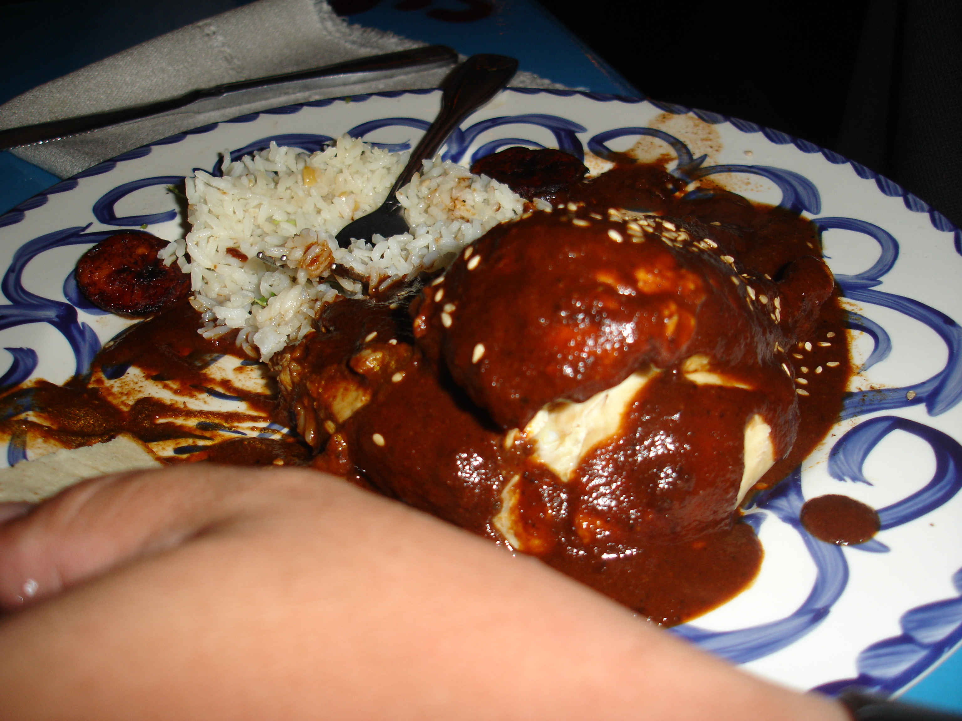 Plato de mole poblano con ajonjolí